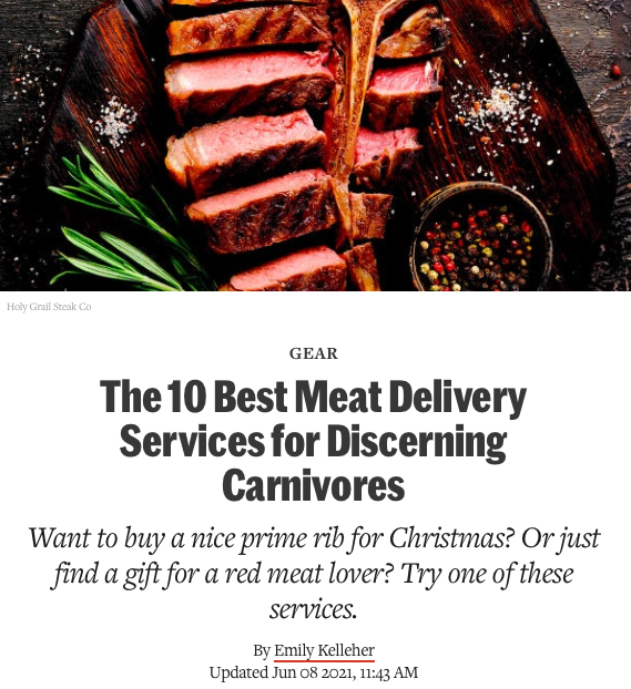 Screenshot of the article with title: The 10 Best Meat Delivery Services for Discerning Carnivores and picture of chopped meat