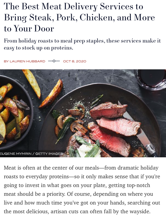 Screenshot of the article with title: The Best Meat Delivery Services to Bring Steak, Pork, Chicken, and More to Your Door