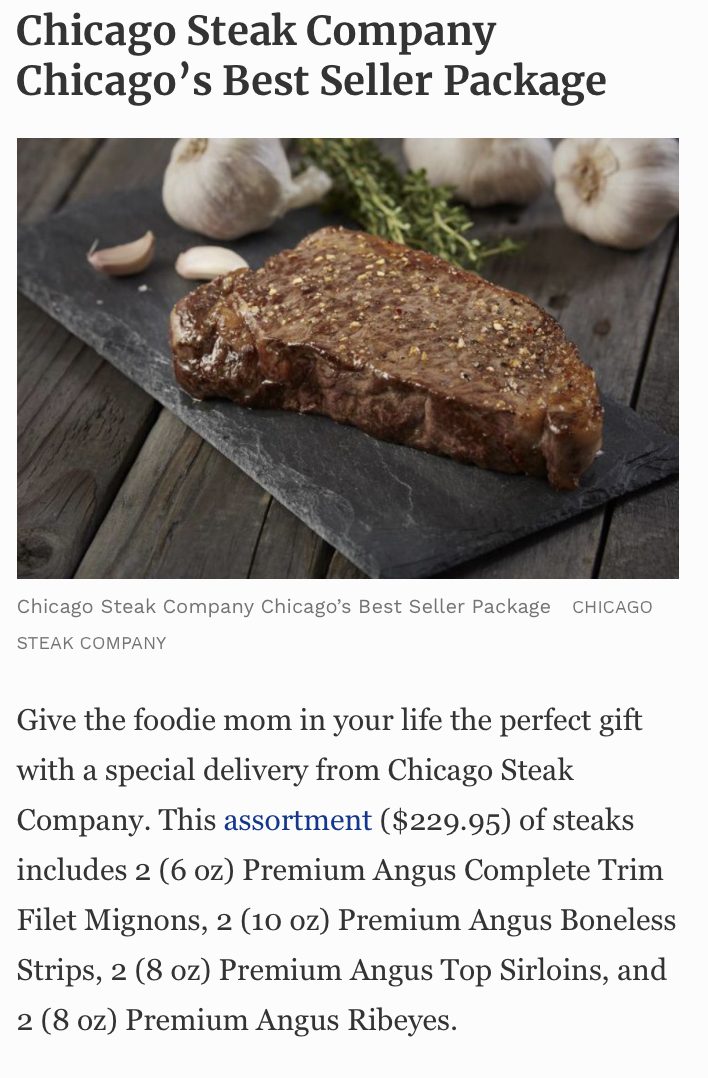Screenshot of the article with title: Best Mother's Day gifts as featured in Forbes, featuring Chicago Steak Company's Chicago Best Seller