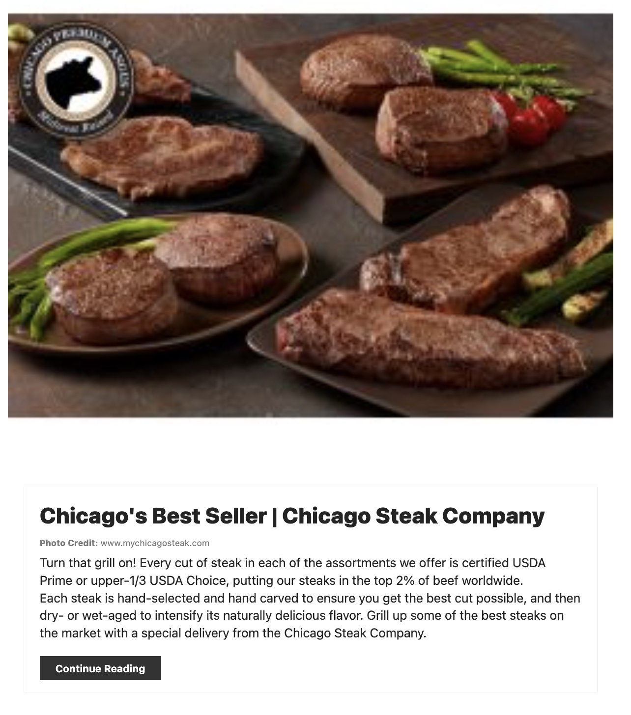 Screenshot of the article with title Steak: A Healthier Lifestyle and picture of a chopped meat