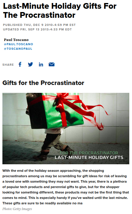 Screenshot of the article with title: Last-Minute Holiday Gifts For The Procrastinator and picture of a child holding a gift