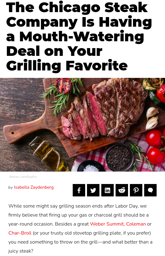 Screenshot of the article with title: The Chicago Steak Company Is Having a Mouth-Watering Deal on Your Grilling Favorite and picture of a chopped meat on a cutting board