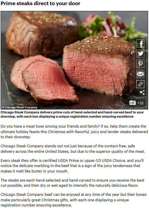 Screenshot of the article with title: Are you ready for Christmas? From a prime steak delivery service to a  getaway gift for travel lovers, 10 top brands you need to know about this holiday season and picture of a chopped meat