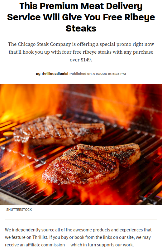 Screenshot of the article with title: This Premium Meat Delivery Service Will Give You Free Ribeye Steaks and a picture of the meat on a grill