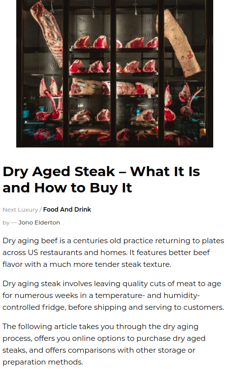 Screenshot of the article with title Dry Aged Steak ' What It Is and How to Buy It with picture of meat on the exhibition