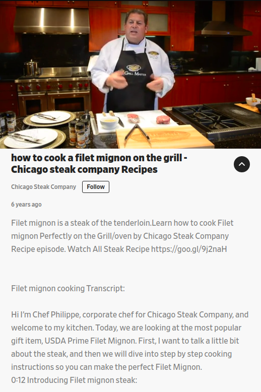 Screenshot of a video with a title: How to cook a filet mignon on the grill - Chicago steak company Recipes