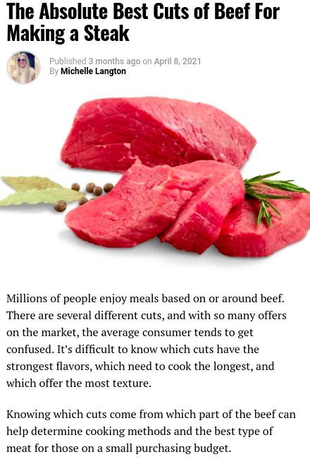 Screenshot of the article with title Steak: A Healthier Lifestyle and picture of a chopped meat