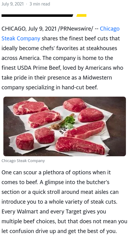Screenshot of the article with the title Chicago Steak Company Shares Its Favorite Beef Cuts for Juicy Steaks and picture of steaks