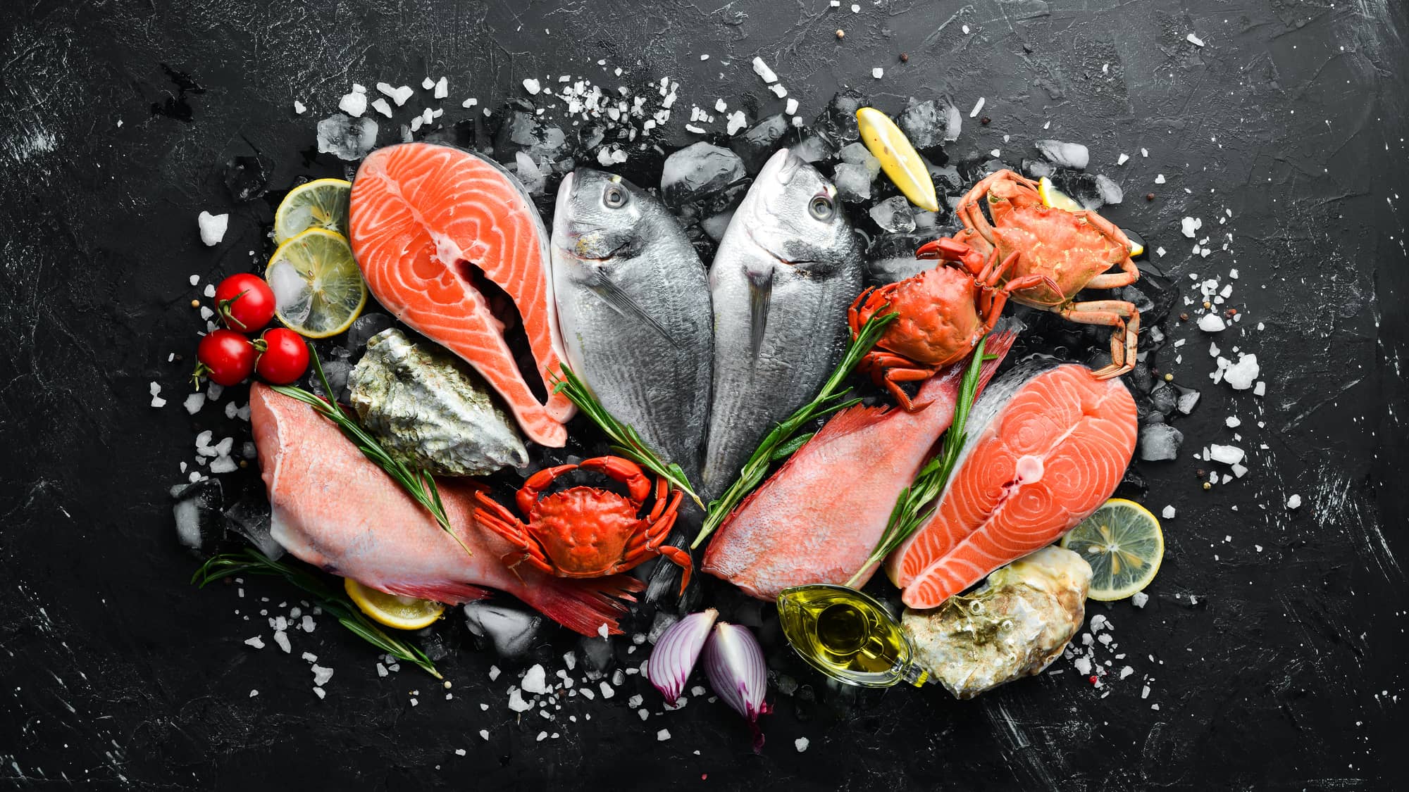 variations of seafood- salmon, crab, grouper, oysters