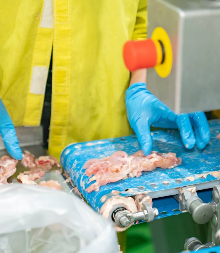 man behind counter butchering meat