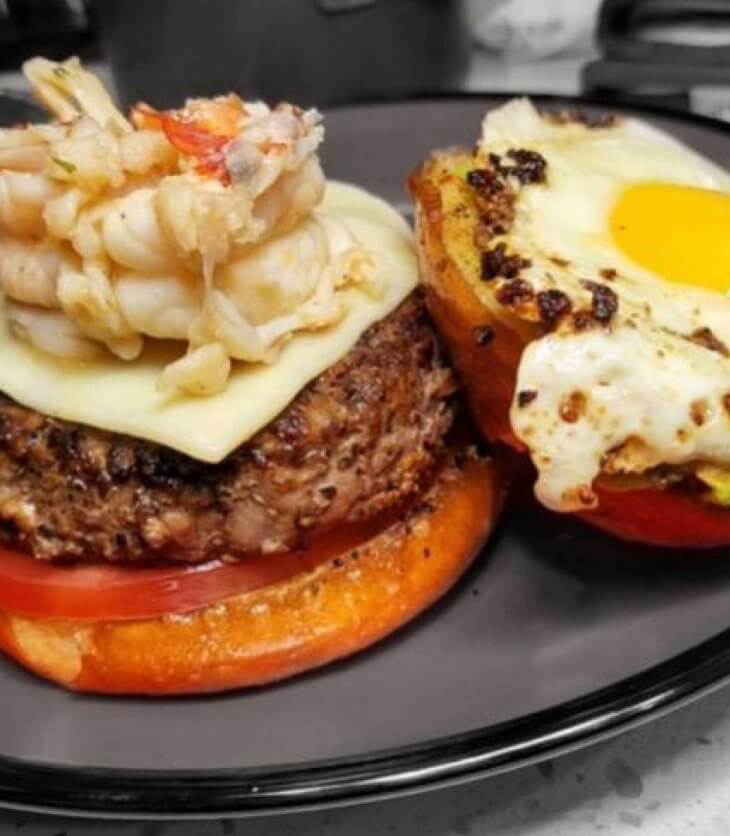 surf and turf burger with fried egg