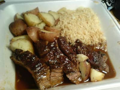london broil with rice and potatoes