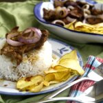 bistek with rice and potato fries