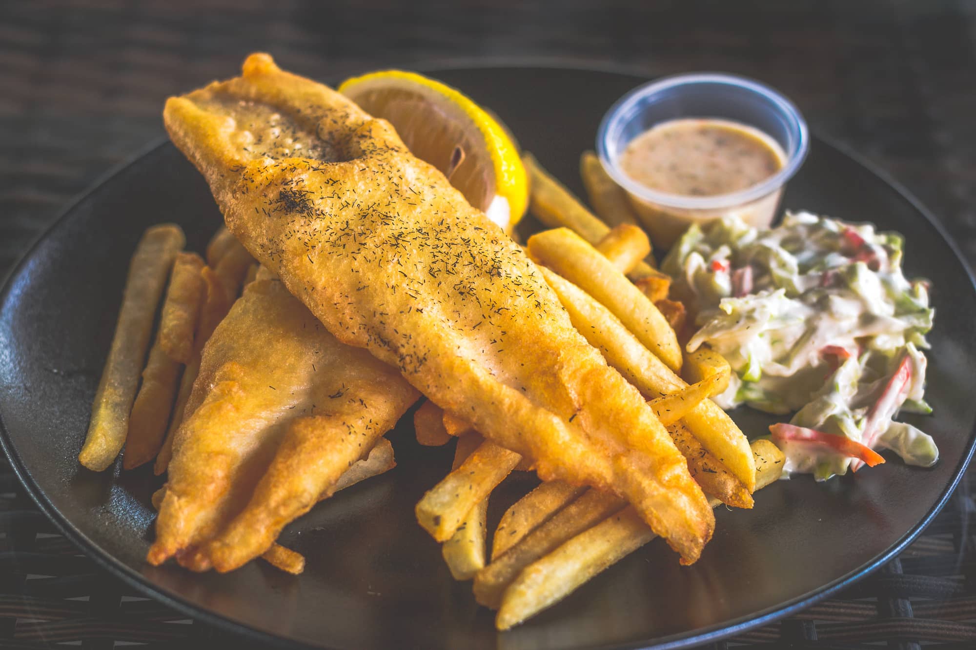 fish with fries and cole slaw