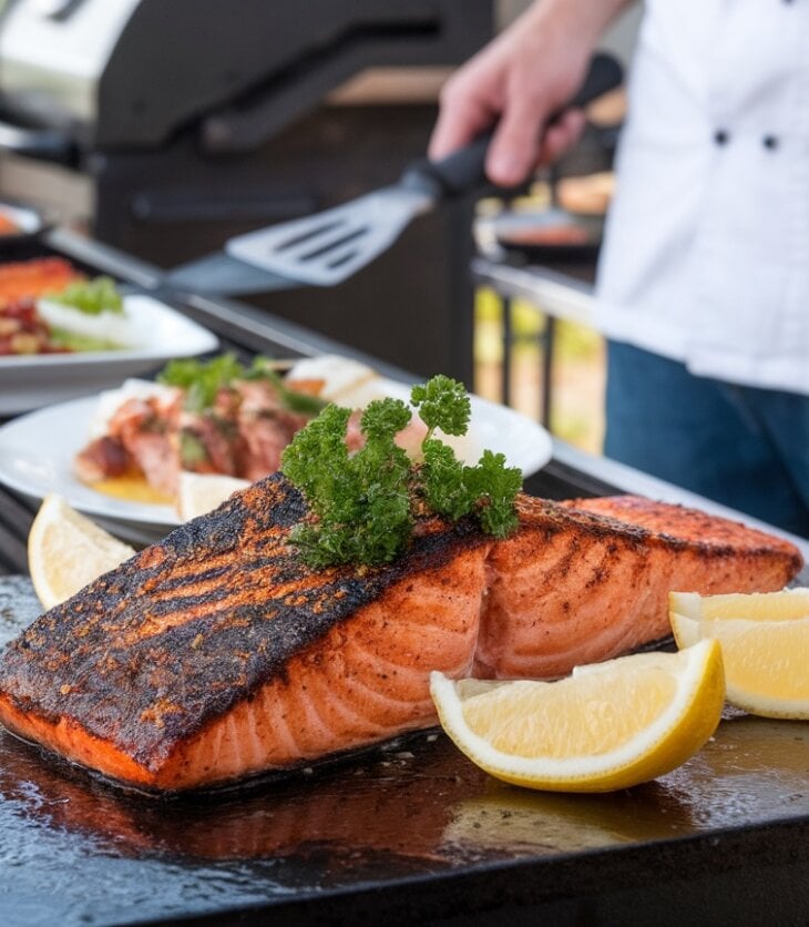 blackened salmon on a blackstone grill